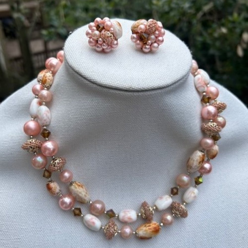 JAPAN 2-STRAND Multi-Color Pink Glass Bead Necklace Earrings SET